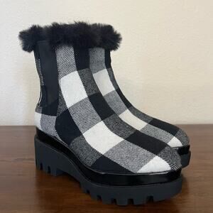 New DKNY Chelsea Black Bax Bootie Wedge Faux Fur Almond Toe Plaid Print